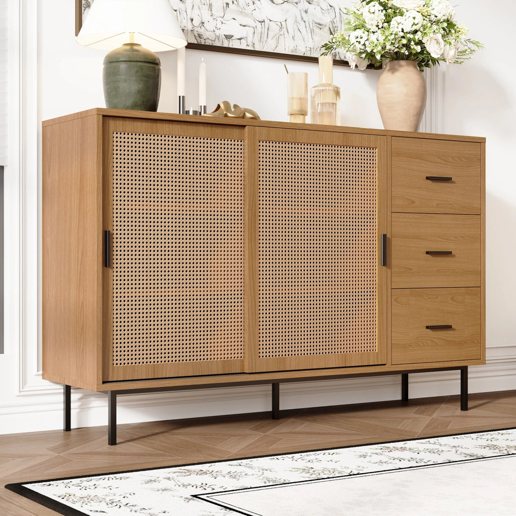 OKWISH Credenza con 2 Ante Scorrevoli in Rattan e 3 Cassetti, per Soggiorno o Sala da Pranzo, Truciolare, 140 x 37 x 91 cm