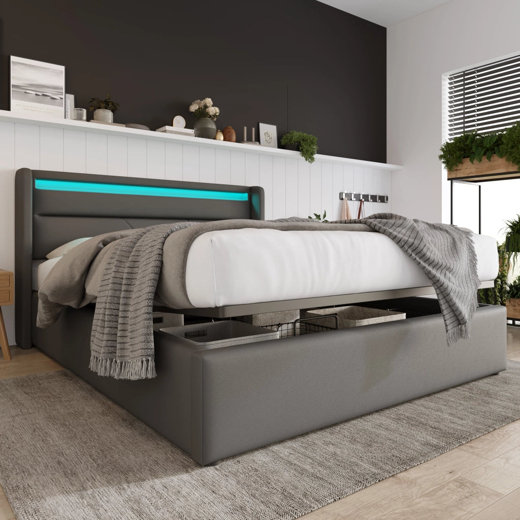 OKWISH Letto Contenitore 160×200 cm, Letto Matrimoniale con Luce LED Regolabile, Telecomando e Sollevamento Idraulico, senza Materasso, PU, Grigio