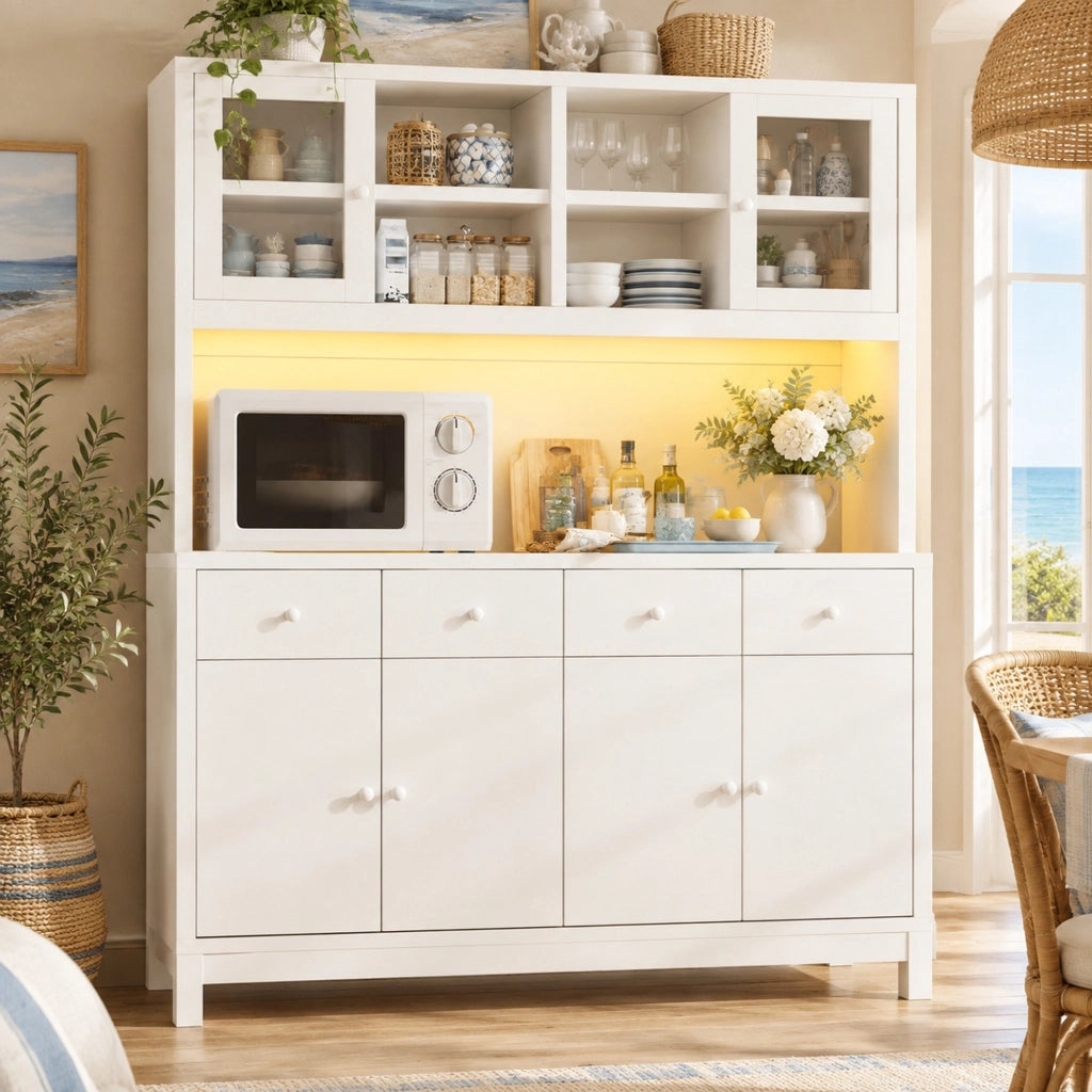 Credenza alta 140x38，5x180 cm in MDF bianco con LED RGB， ante in vetro e 4 cassetti