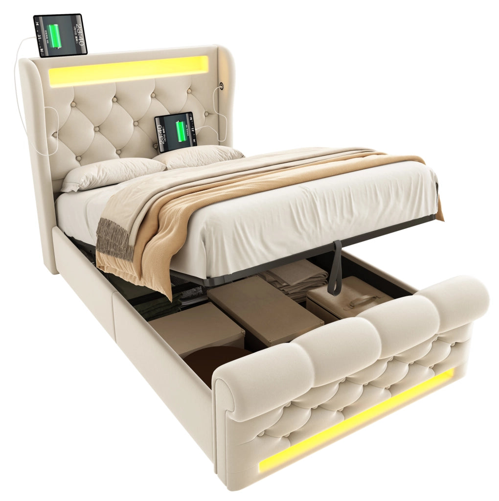 Letto imbottito 90x200 cm in velluto beige con LED; USB-C; contenitore idraulico e materasso