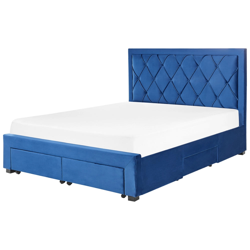 Letto contenitore tappezzeria in velluto blu 160 x 200 cm trapuntato testiera alta cassetti Glam Design