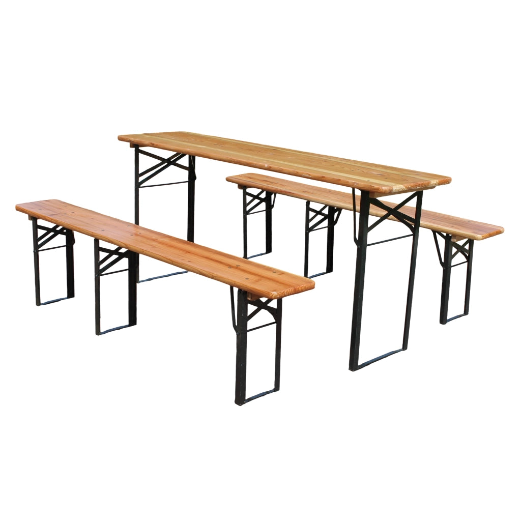 Set Tavolo e Sedie da Giardino con 1 Tavolo Pieghevole e 2 Panche Pieghevoli; Legno e Metallo; Naturale