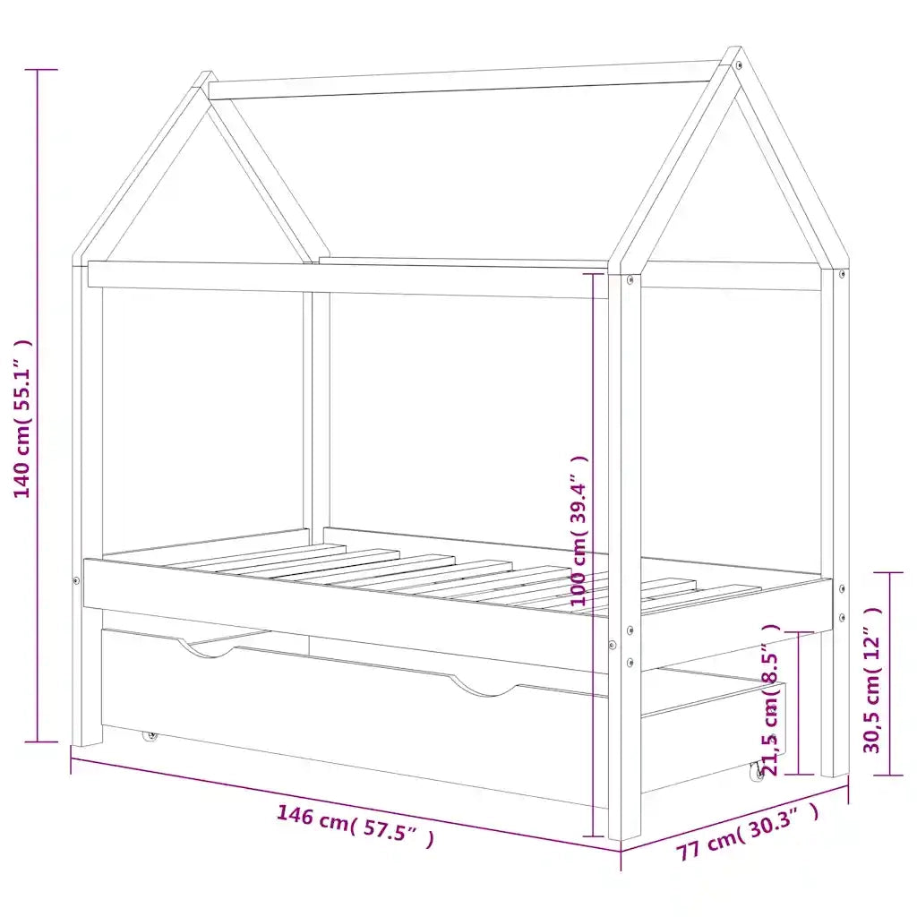 Giroletto per Bambini con Cassetto in Pino Massello 70x140 cm 322136