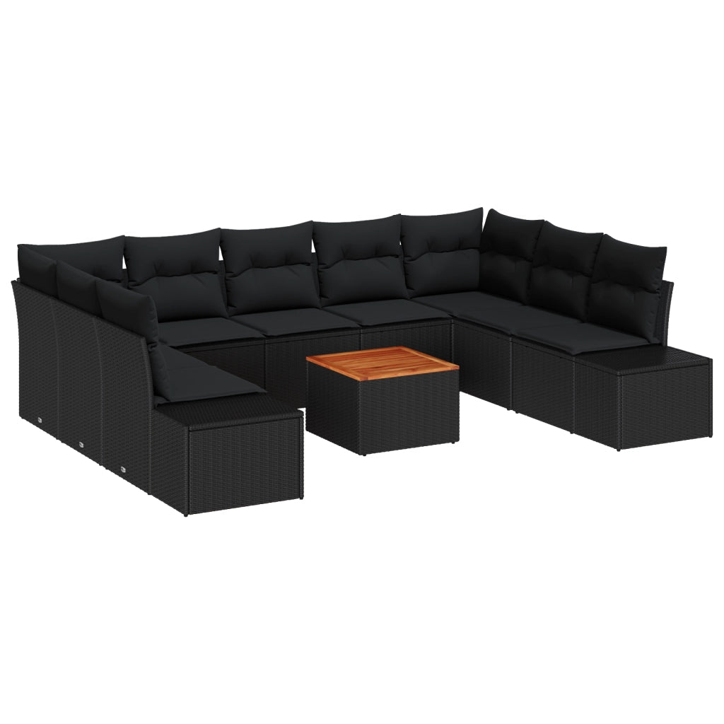 Set Divano da Giardino 10 Pezzi con Cuscini Nero Polyrattan Acacia