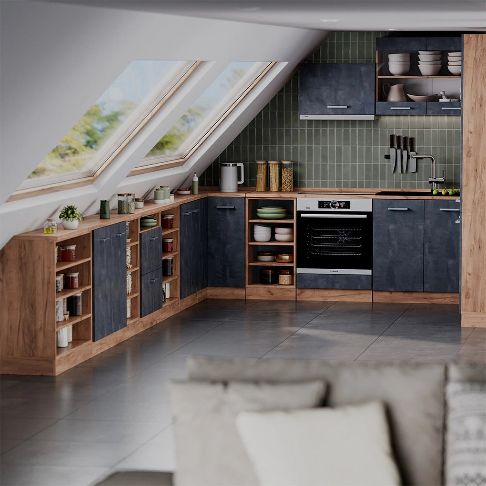 Mobile cucina sottotetto R-Line Calce nera/Rovere dorato 60 cm con 2 cassetti, carcassa 60 cm profondità Vicco