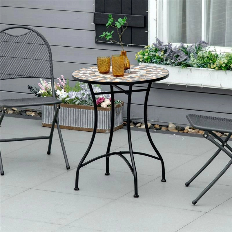 TAVOLO DA GIARDINO ROTONDO IN METALLO CON MOSAICO 60 X 71 CM NERO