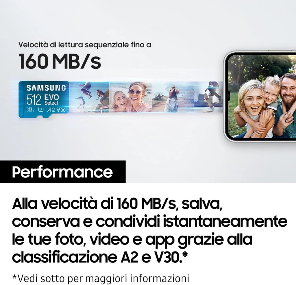 Samsung Memorie EVO Select Scheda MicroSD da 512GB, UHS-I U3, fino a 160 MB/s, compatibile con Smartphone, Tablet, Console Gaming, GoPro