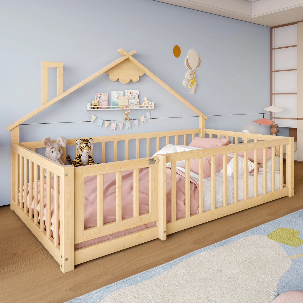 Letto a Casetta 90 × 190 cm; Singolo con Sponda con Chiusura; senza Materasso; Pino e MDF; Naturale