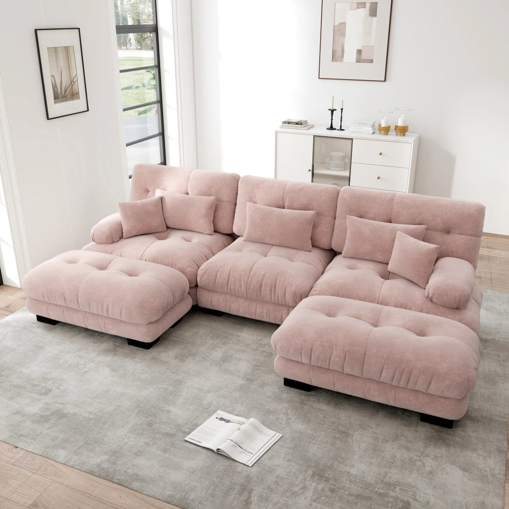 Divano angolare modulare a U con pouf, seduta profonda e cuscini, per soggiorno, in ciniglia rosa