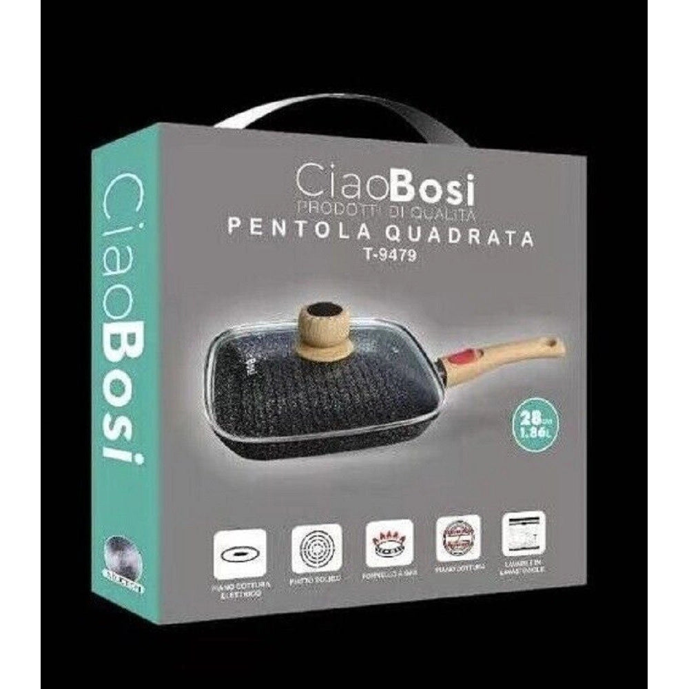 Trade Shop - Padella Quadrata Con Manico Coperchio 28cm 1,86lt Per Piano Cottura Alimenti T-9479 -