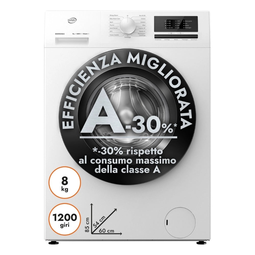 Lavatrice Daya DHW812IVA3 carica frontale 8 kg Inverter 1200 giri bianco classe A