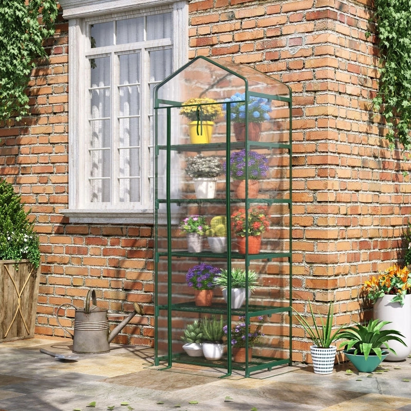 Mini serra in alluminio con 5 ripiani per la coltivazione di fiori o ortaggi, trasparente e verde, in acciaio e plastica, 69 x 49 x 193 cm