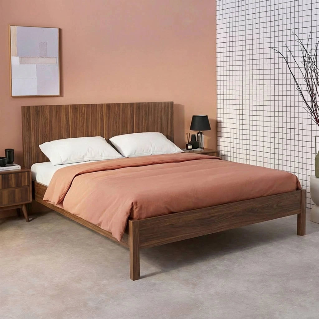 Letto con rete a doghe e testiera 160x200cm decorazione legno, noce