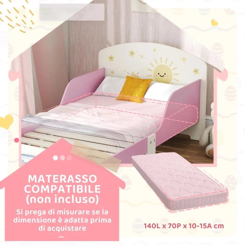 LETTO PER BAMBINI 3-8 ANNI BASSO IN LEGNO CON SPAZIO CONTENITORE E SPONDE LATERALI, 150X77X60 CM, ROSA