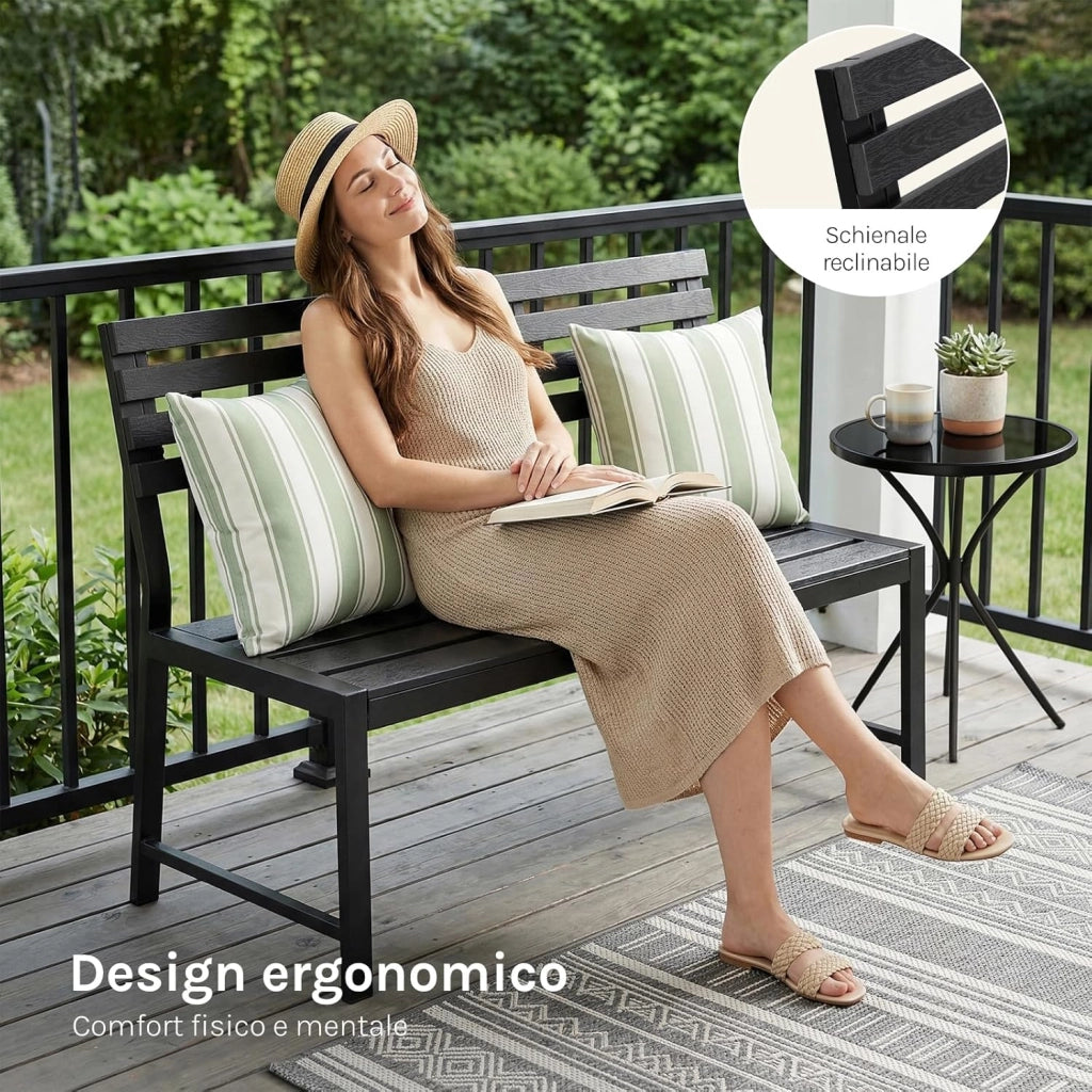 Panca da Giardino 115x55x85 cm, Panchina da Esterno con Schienale Senza Braccioli, 2-3 Posti, Struttura in Metallo, Resistente alle Intemperie, Portata 280 kg, per Cortile, Terrazza, Prato, Nero