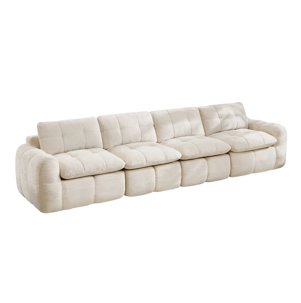 Divano modulare 334x97x68 cm in chenille beige; design senza telaio con seduta ampia e profonda