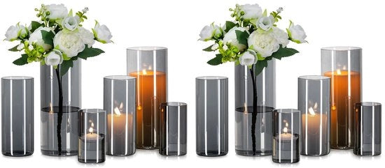 Set di vasi in vetro cilindrico grigio: 12 pezzi di vasi in vetro per la decorazione della sala da pranzo vaso in vetro cilindrico-lanterna - vaso a forma di fiore moderno per la decorazione della tavola vasi in vetro per tulipani pampas (10/15/20 cm)