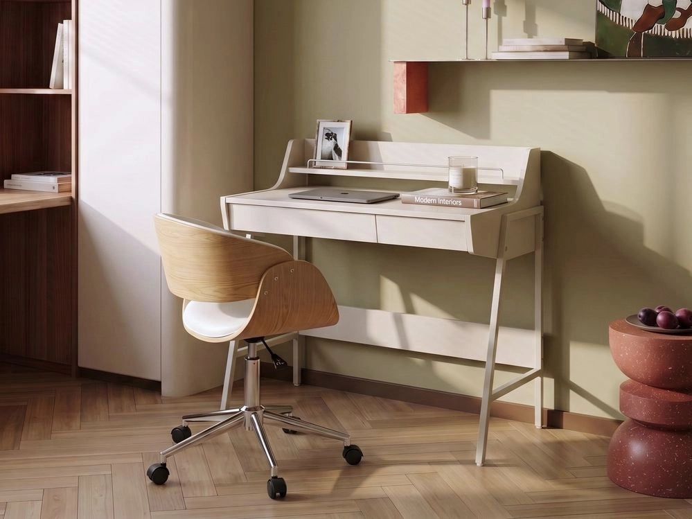 Scrivania da ufficio con 2 cassetti, piano in MDF e struttura in acciaio, beige chiaro stile Scandinavo