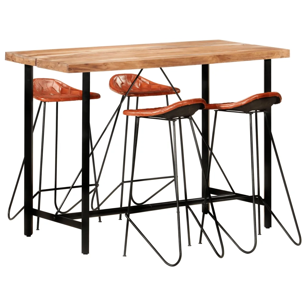 Set da Bar 5 pz in Legno Massello di Sheesham e Vera Pelle cod mxl 47690