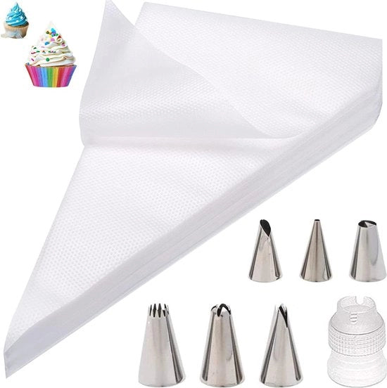 Set di sacchetti da gettare per torte con 100 pezzi, 6 bocchette e adattatore per torte - Accessori da forno per cupcake e torte