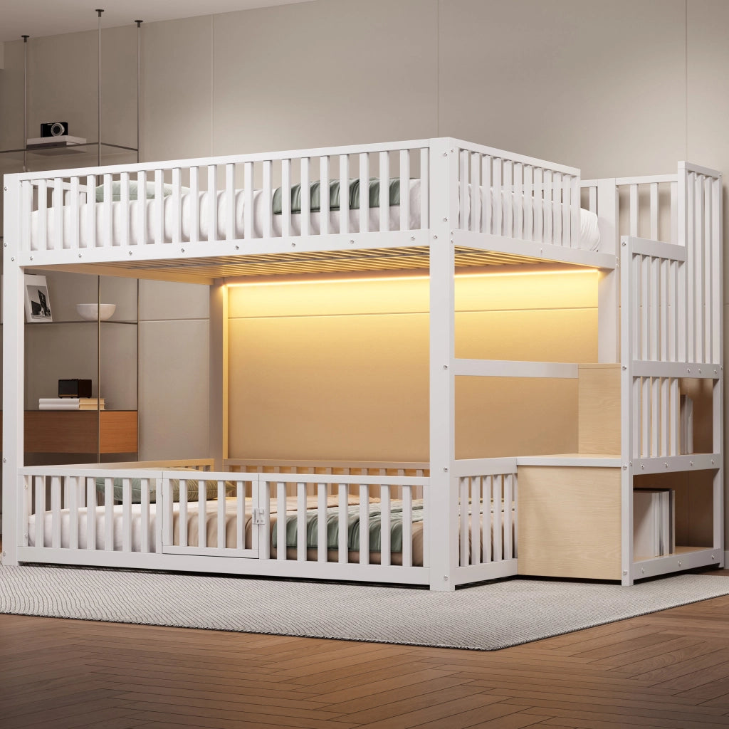 Letto a castello 140 × 200 cm con scala contenitore, LED regolabile, senza materasso, bianco