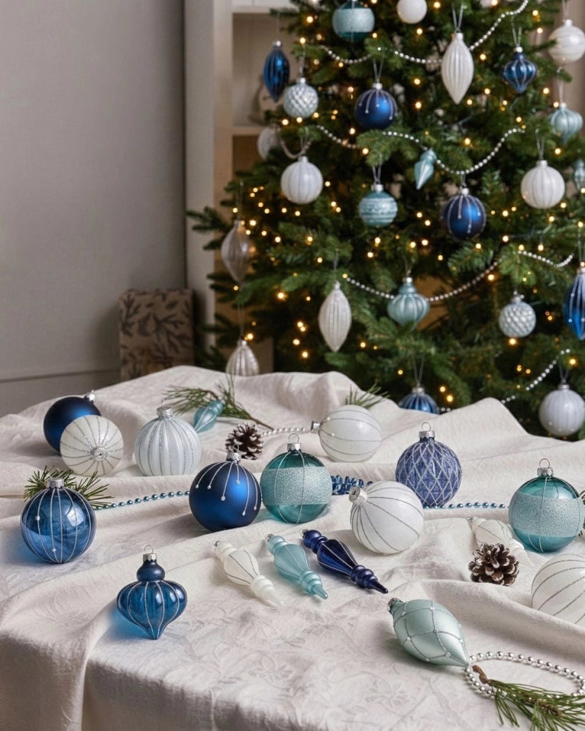 Set di 35 palline di Natale in vetro da appendere all'albero di Natale in stile tradizionale glamour blu