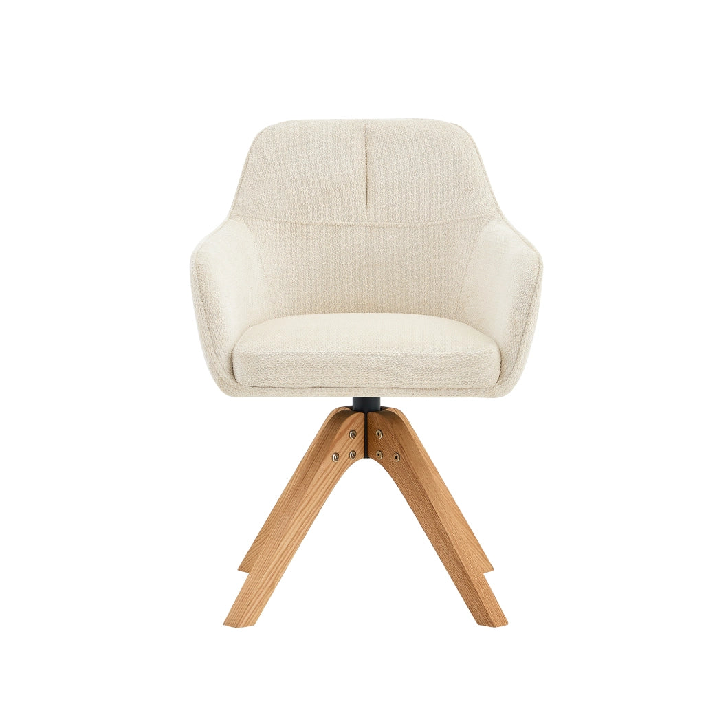 Sedia da sala da pranzo girevole con braccioli e schienale ergonomico in tessuto beige e legno di quercia