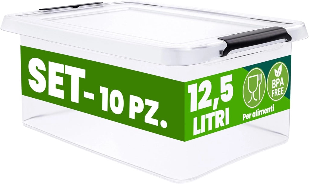 10x Contenitore Trasparente 12,5L con Coperchio BPA Free Scatole Impilabili Scatola Organizer Cucina Congelatore Contenitori Plastica Box