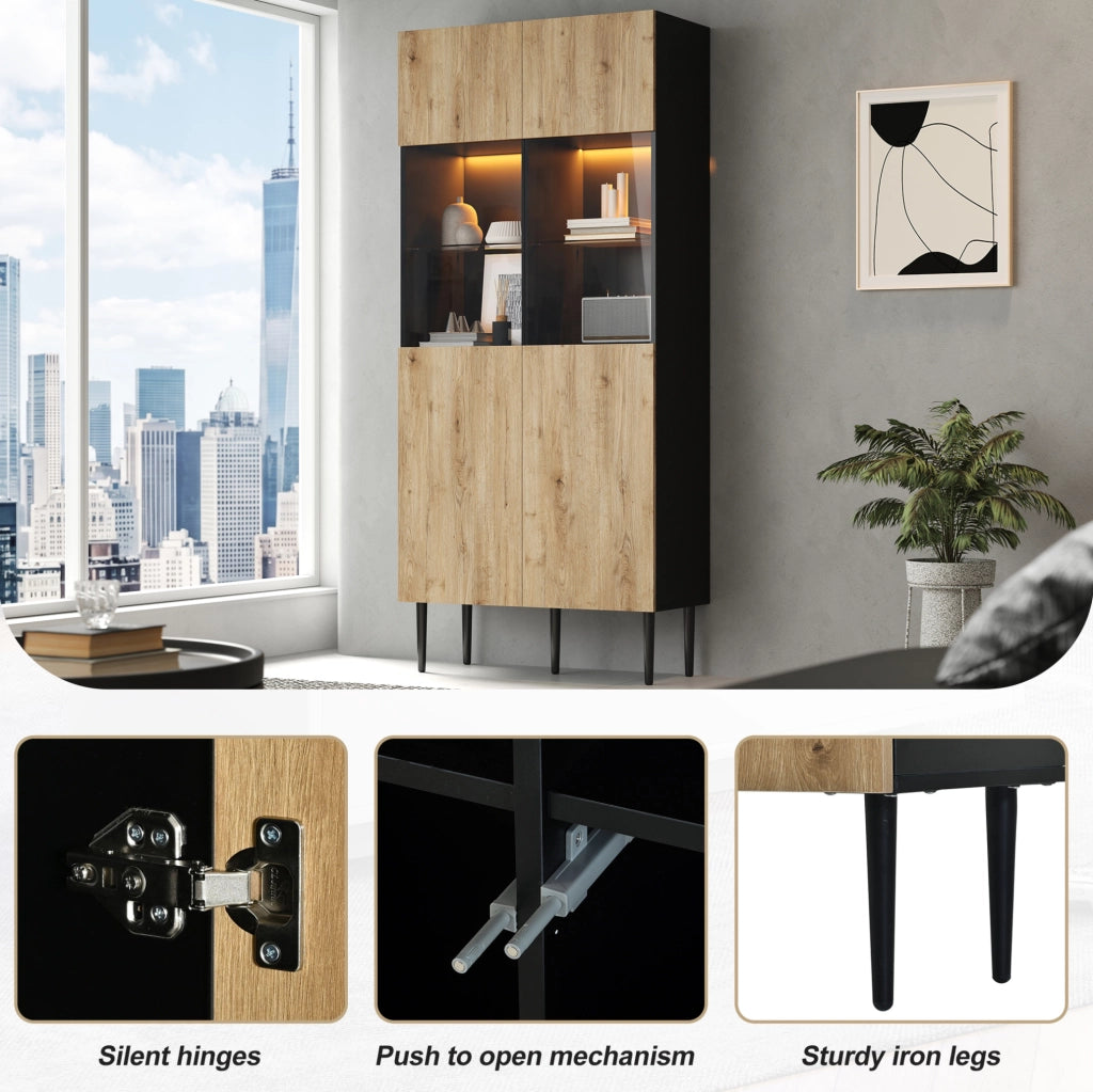 Vetrina moderna 80 x 35 x 180 cm con LED; 10 ripiani; ante in vetro temperato; nero e legno naturale