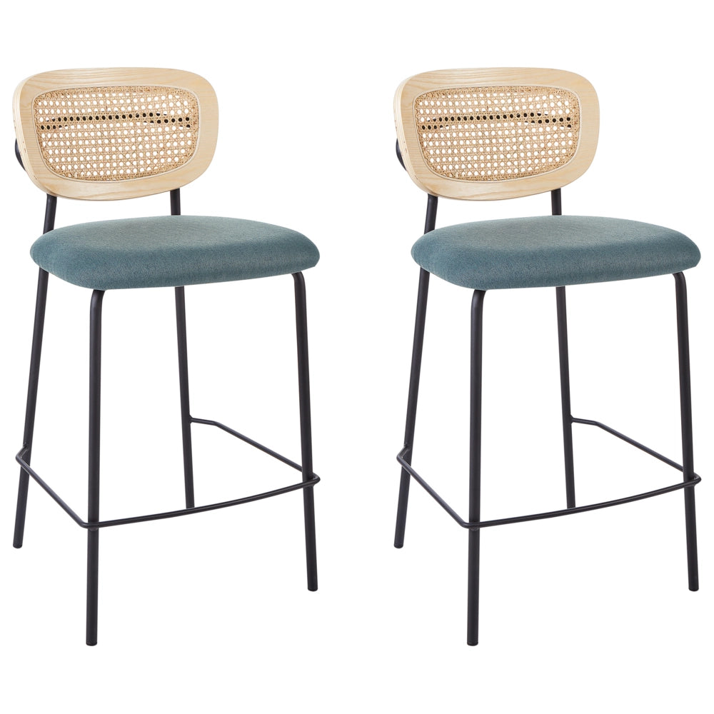 Set di 2 sedie da bar Blu Rivestimento in poliestere nero Schienale in rattan naturale a treccia viennese Gambe in metallo nero Sgabelli senza braccioli