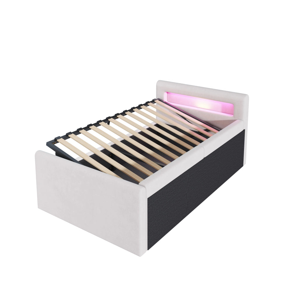 Letto imbottito 90x200 cm con LED; luce notturna; USB e contenitore in velluto beige