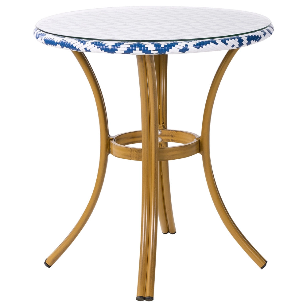 Tavolo da giardino Piano in rattan sintetico Blu e Bianco ø 70 cm Struttura in Vetro e Alluminio