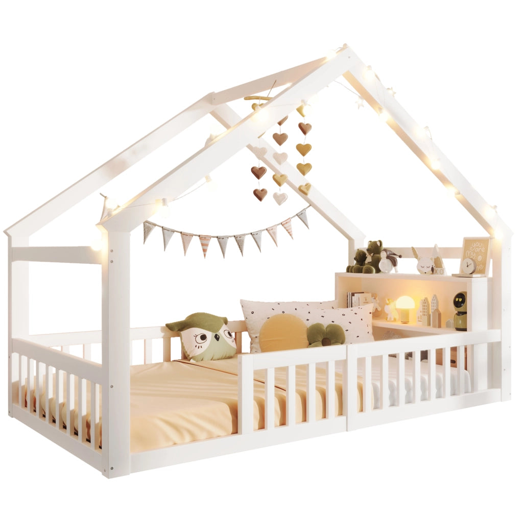 Letto per bambini a casetta 90x190 cm con sponde; ripiani laterali e perline LED; bianco