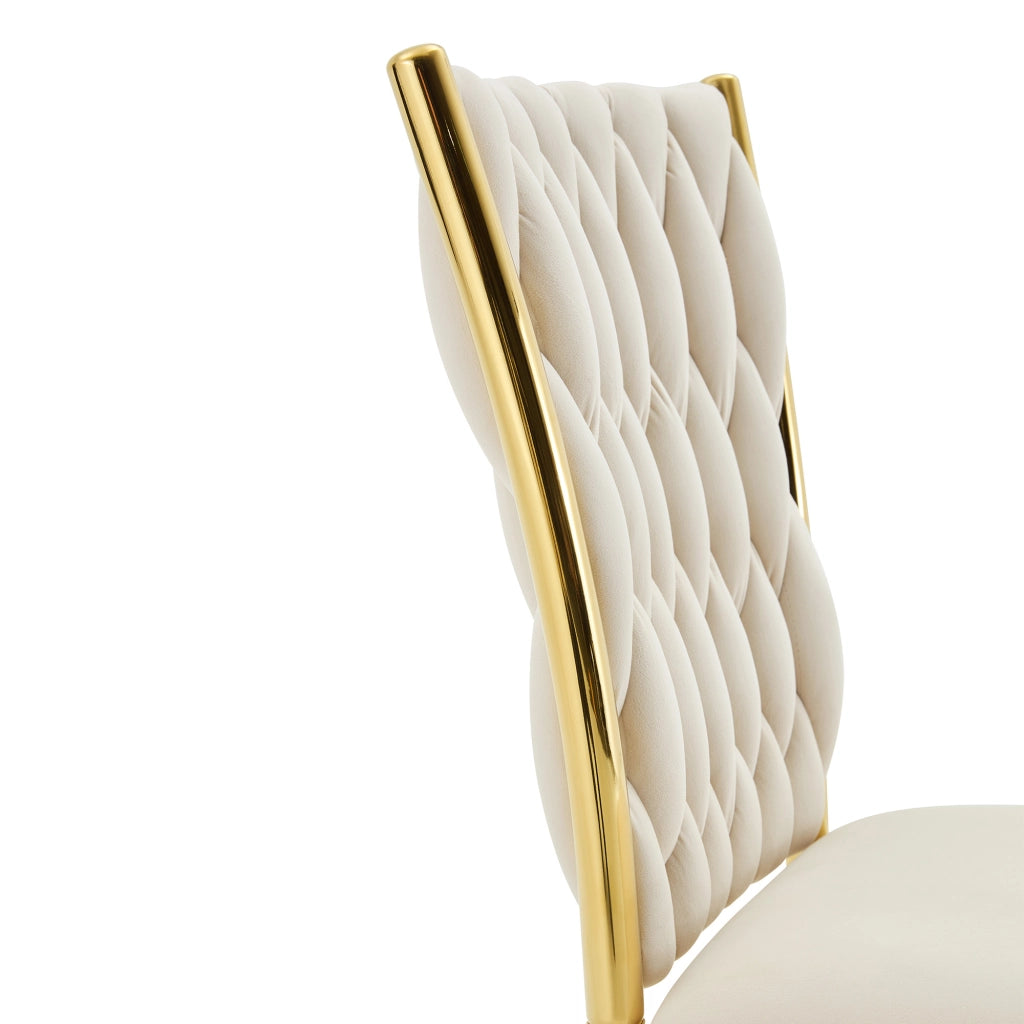 Sedia da pranzo imbottita in velluto beige con gambe in metallo oro