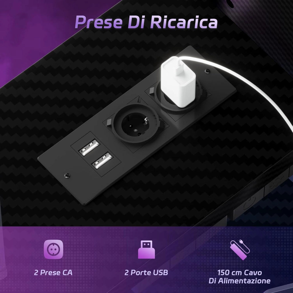 Scrivania Da Gaming Angolare Con LED E Prese, 120 cm, Arredamento Per Ufficio, Con Ganci E 2 Cassetti In Tessuto, Ideale Per il Telelavoro E I Videogiochi, Nera