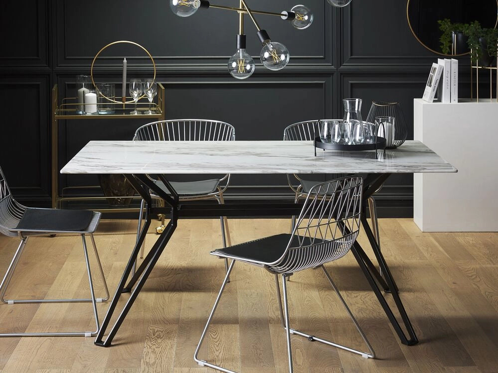 Tavolo da pranzo impiallacciato effetto marmo gambe in metallo Nero piano in vetro temperato rettangolare 160 x 90 cm