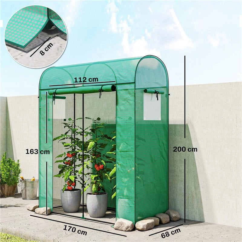 SERRA DA GIARDINO CON RIVESTIMENTO IN PE, PORTA AVVOLGIBILE E FINESTRE A RETE, 170X68X200 CM, VERDE