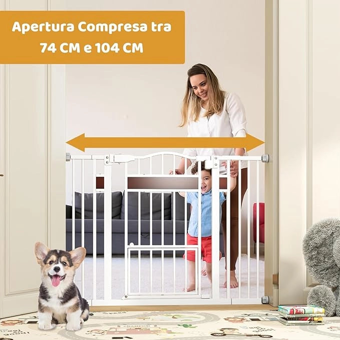 Cancelletto per Bambini per Aperture 74-104 cm, Cancello per Bambino con Porta Piccola, 2 Estensioni e Doppio Blocco, Cancelletto in Metallo da Interno per Cucina, Scale e Soggiorno (Bianco)