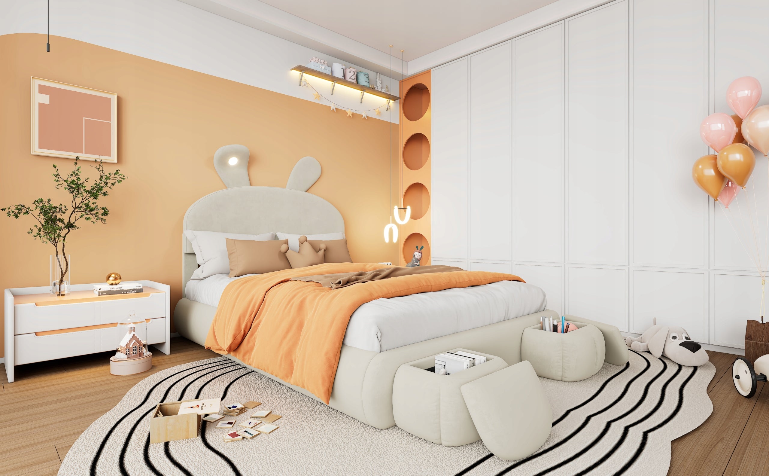 Letto 140x200 - Xylo - Orecchie da coniglio LED velluto beige