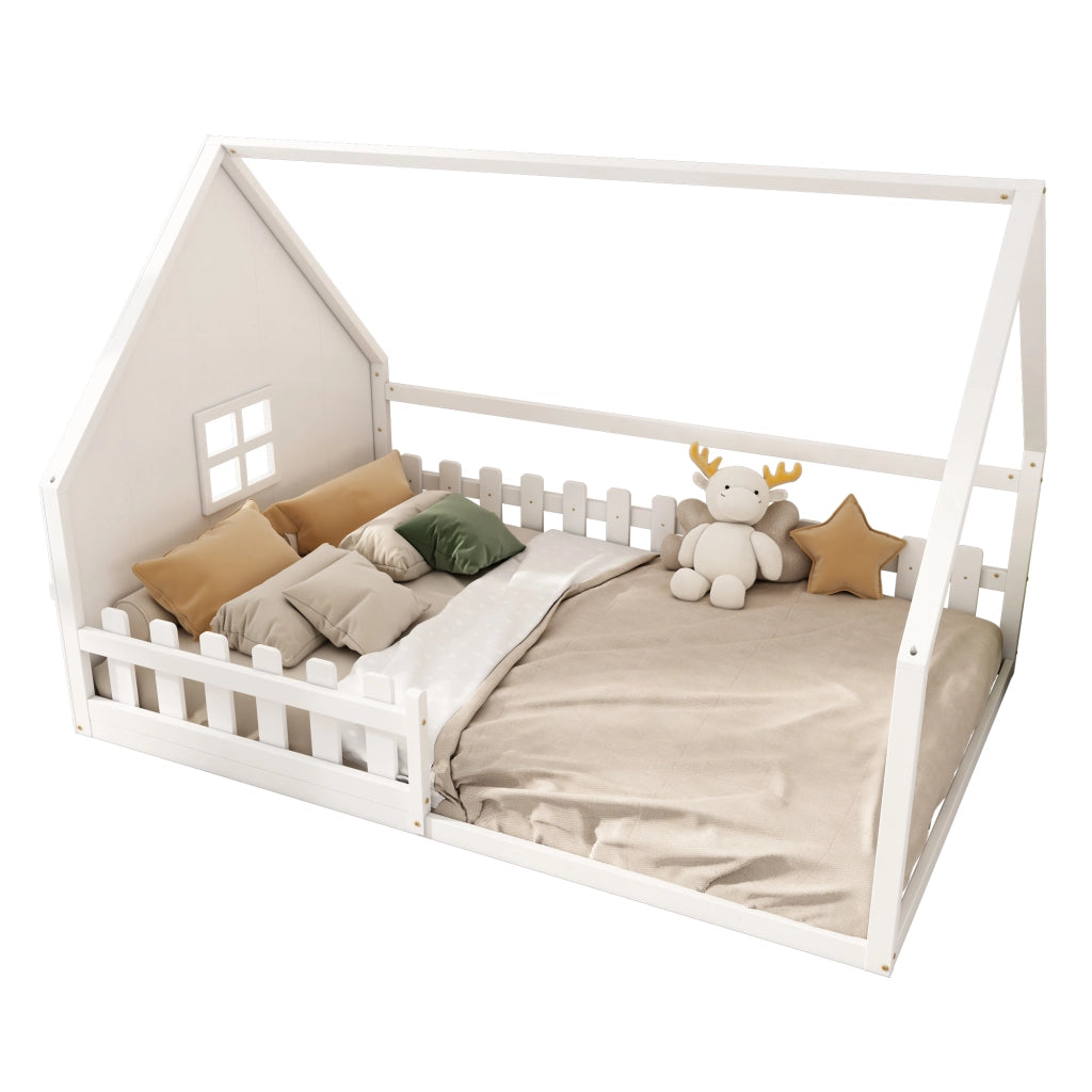 Letto a Casetta 140×200 cm; Letto Singolo con Sponda; per Bambino; senza Materasso; in Pino e MDF; Bianco