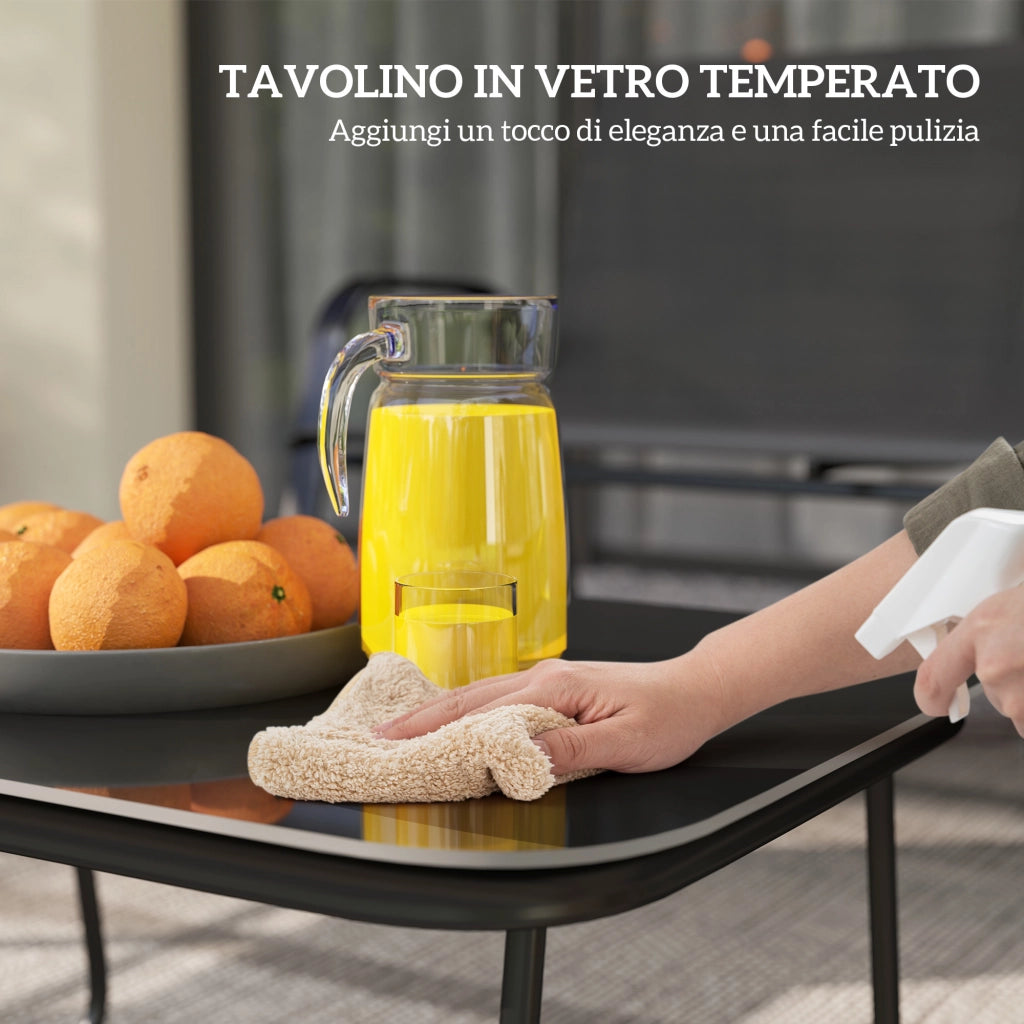 Set da Giardino con Divano 2 Posti, 2 Poltrone Impilabili e Tavolino in Vetro, Nero