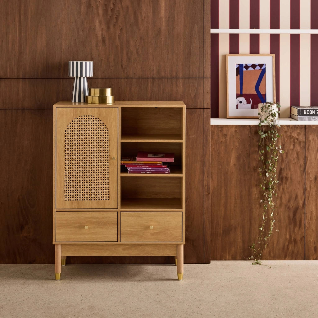 Credenza decorativa in legno e canna 1 anta 75cm, marrone naturale