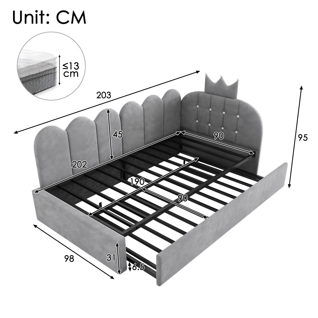 Letto divano estraibile 90 × 200 cm e 90 × 190 cm con vano letto, senza materasso, in velluto grigio