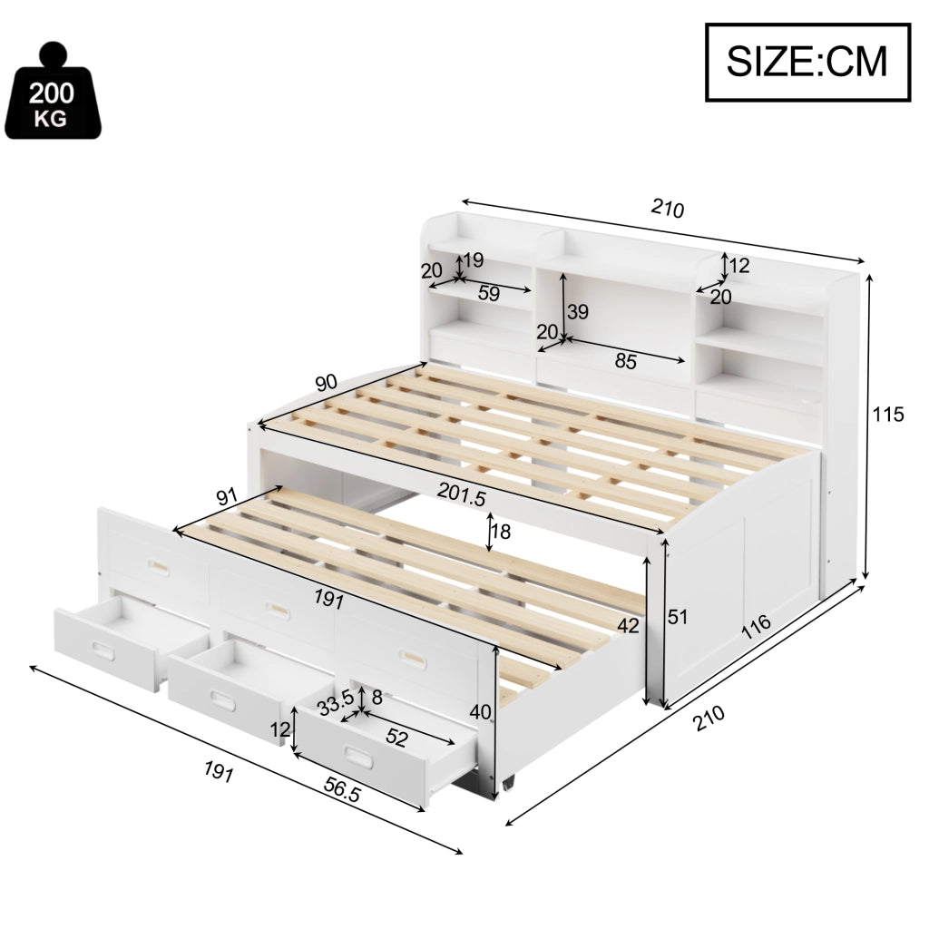 DESMIU Letto divano 90 × 200 cm 1 posto con LED, 3 cassetti, USB e Type-C, senza materasso, bianco
