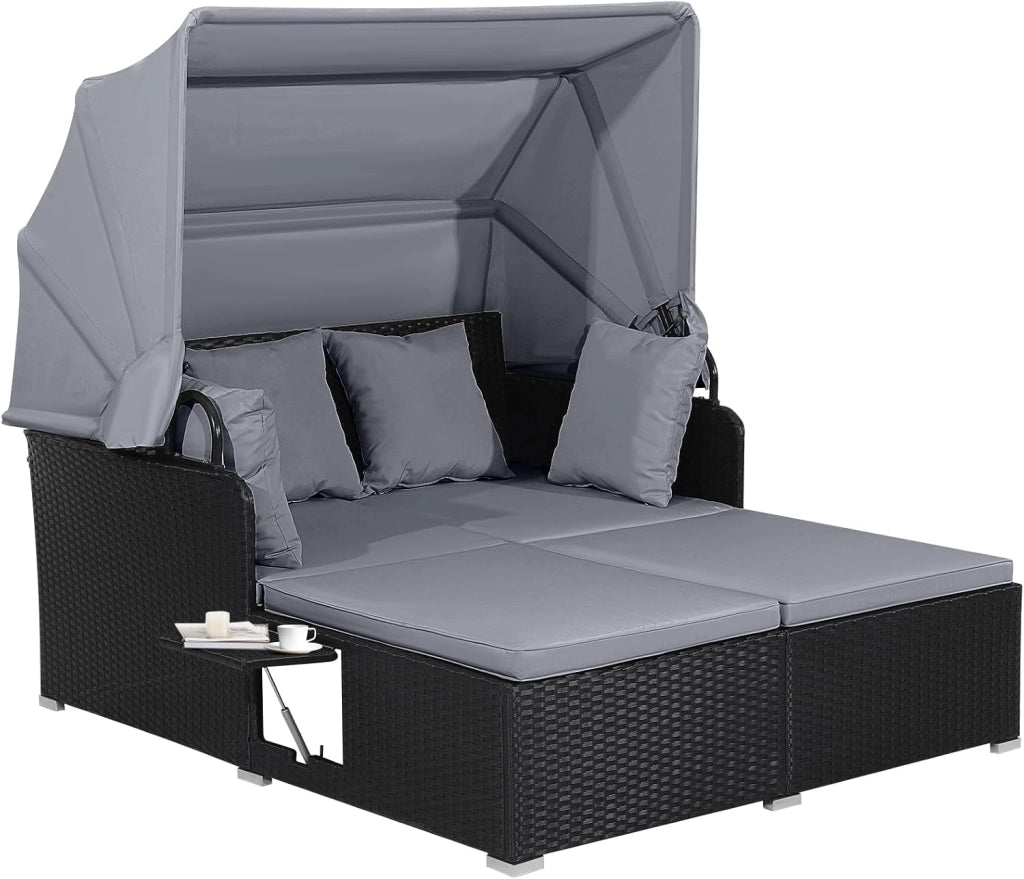 Lettino Prendisole per 2 Persone, Divano Letto Matrimoniale da Esterno in Rattan con Tettuccio Retrattile e Cuscini, Isola Prendisole per Giardino Cortile Balcone,165 x 153 x 138 cm (Grigio)