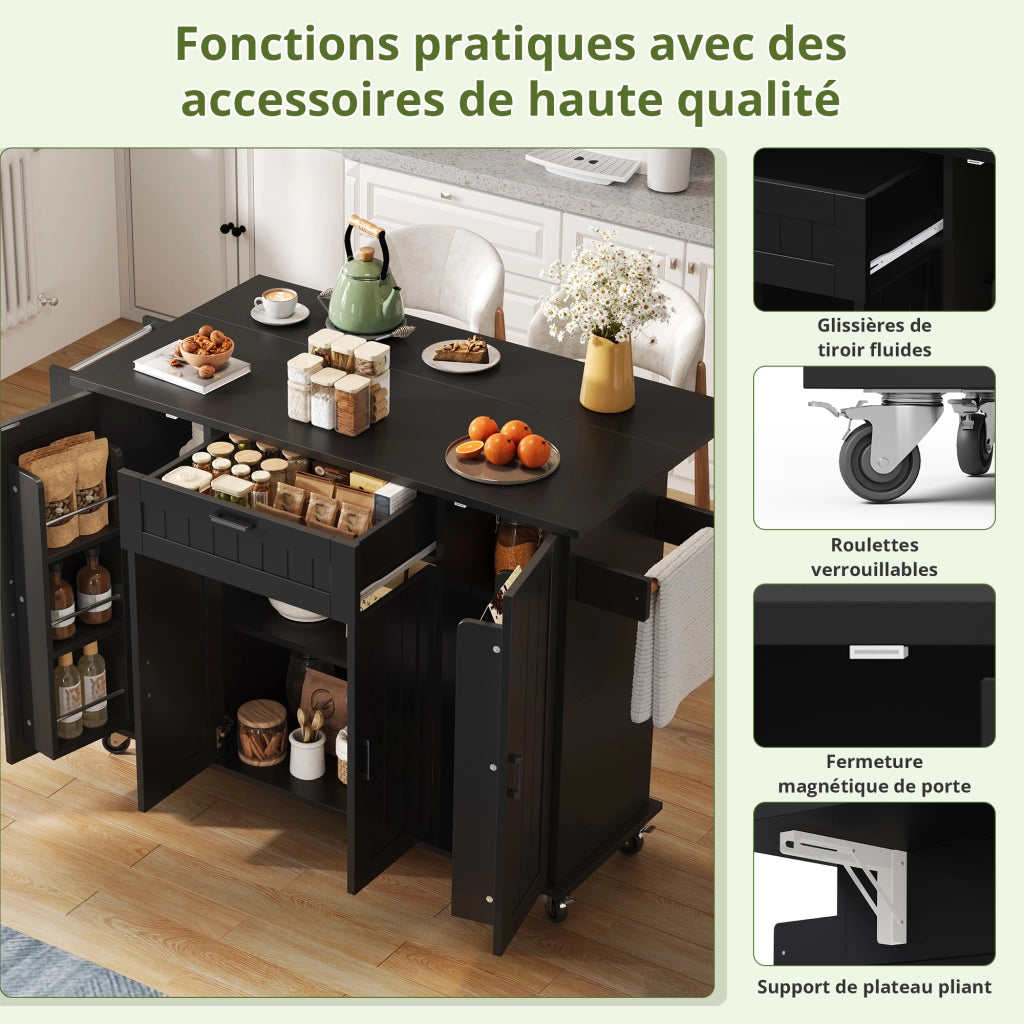 Carrello Da Cucina con 4 Ante 1 Cassetto e Piano Ribaltabile; Portasciugamani Laterali; in MDF; 120x45(70)x95 cm; Nero