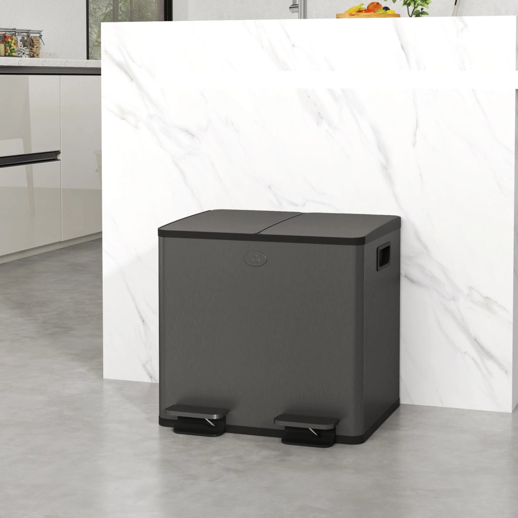 Bidone Immondizia 2 Sezioni 15L Chiusura Silenziosa ¨C zephmum ¨C Acciaio Inox PP Nero 41.7x36.6x43.2 cm