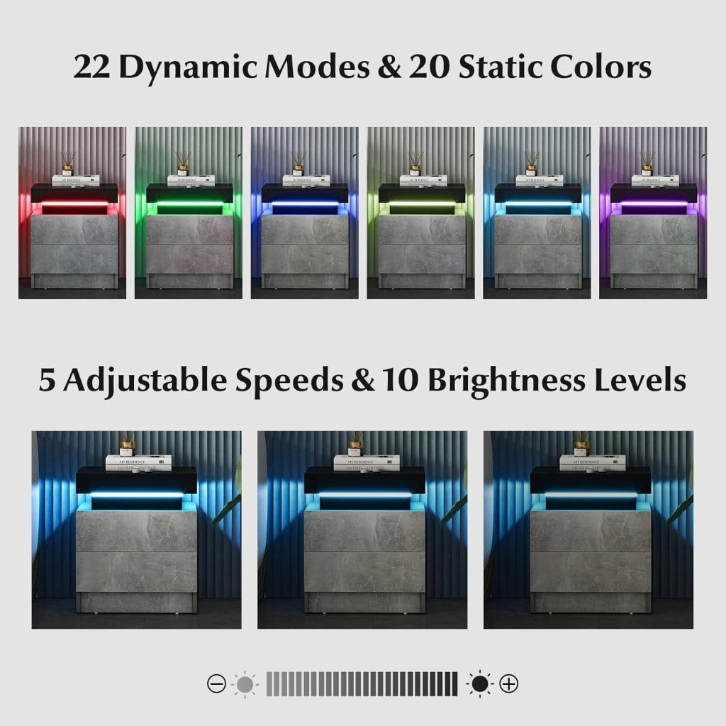 Comodino a LED, Comodino in Finto Marmo con 2 Cassetti, Illuminazione a LED a 20 Colori, Telecomando, Tavolino per Soggiorno, Camera da Letto, 45 x 35 x 52 cm
