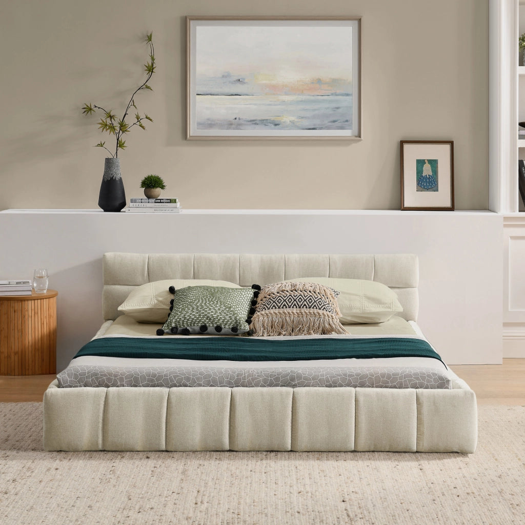 Letto matrimoniale in chenille con testiera, 140x200 cm, beige