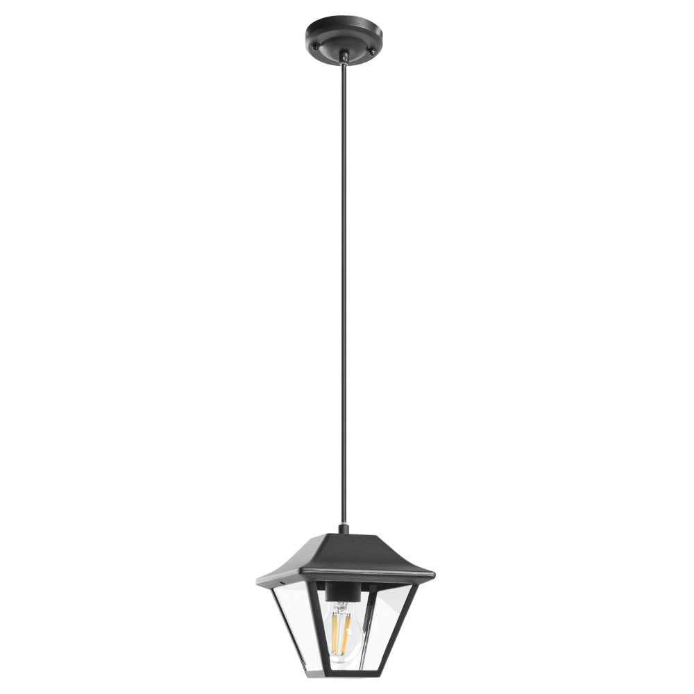Lampada a sospensione da esterno per l'illuminazione e la decorazione del giardino, struttura in alluminio opaco, paralume in vetro, nera